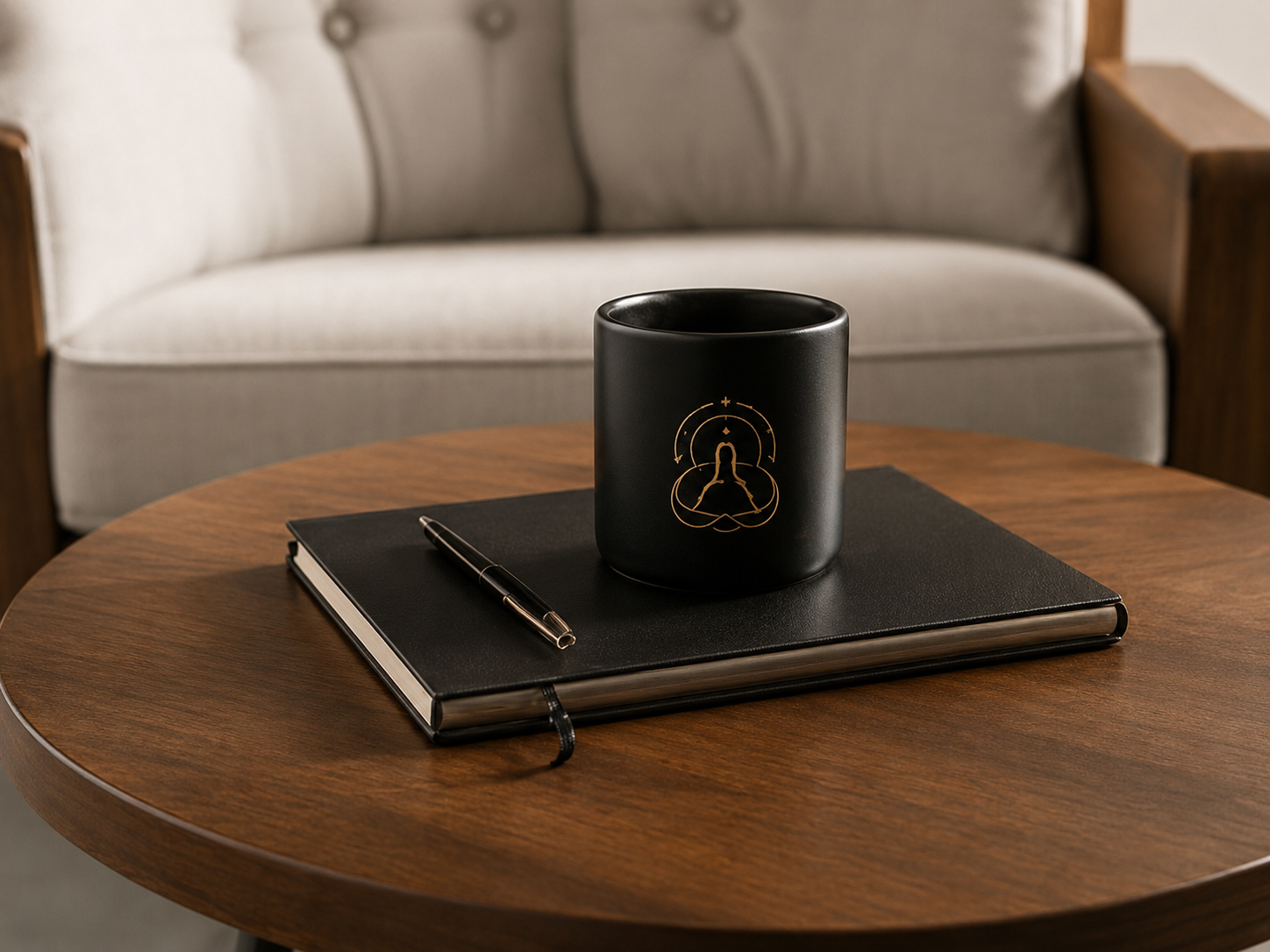 The Third Place consultation coffee table with branded mug and notebook